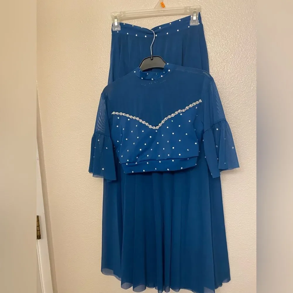 Kelle dance solo costume dark blue 2 piece 2972 butterflies illusion MA adult